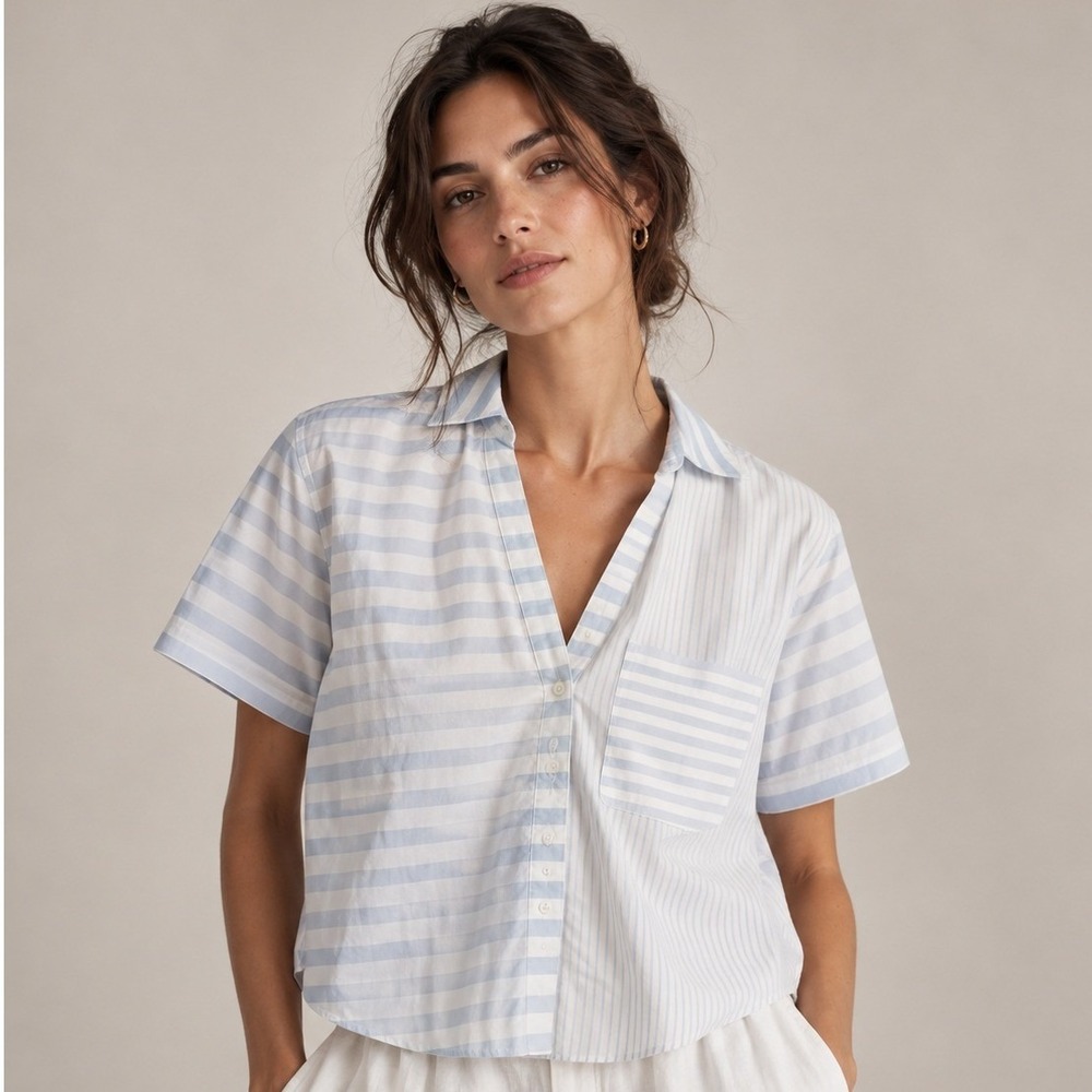 Madewell Cropped Mixed Stripe Button Up Shirt Weathered Blue Sz XS NWT